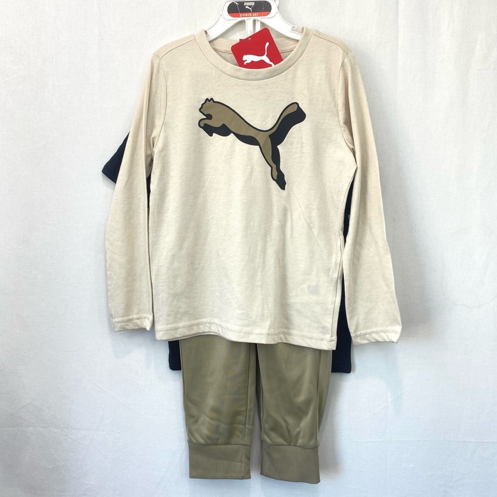 Puma NWT Boys 3-Piece Cotton Jersey SS/LS Jogger Set Tan Olive Black size 4T